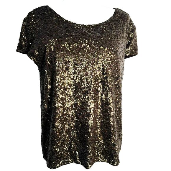 ALICE +‎ OLIVIA NWT Women's Large Bronze Gold Sequin Yuki Tee Short Sleeve Top